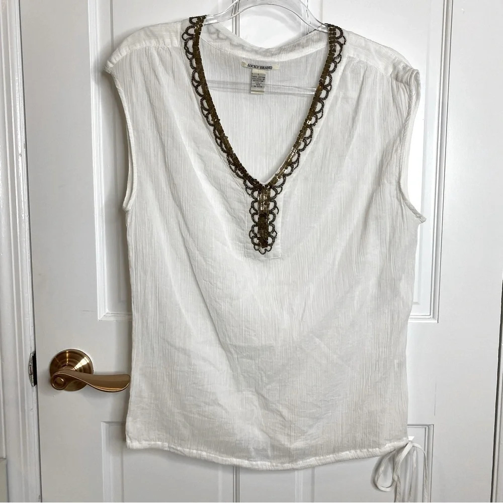 Lucky Brand Gauze Sheer White Blouse w/ Bronze Tone Embellishments Draws…
